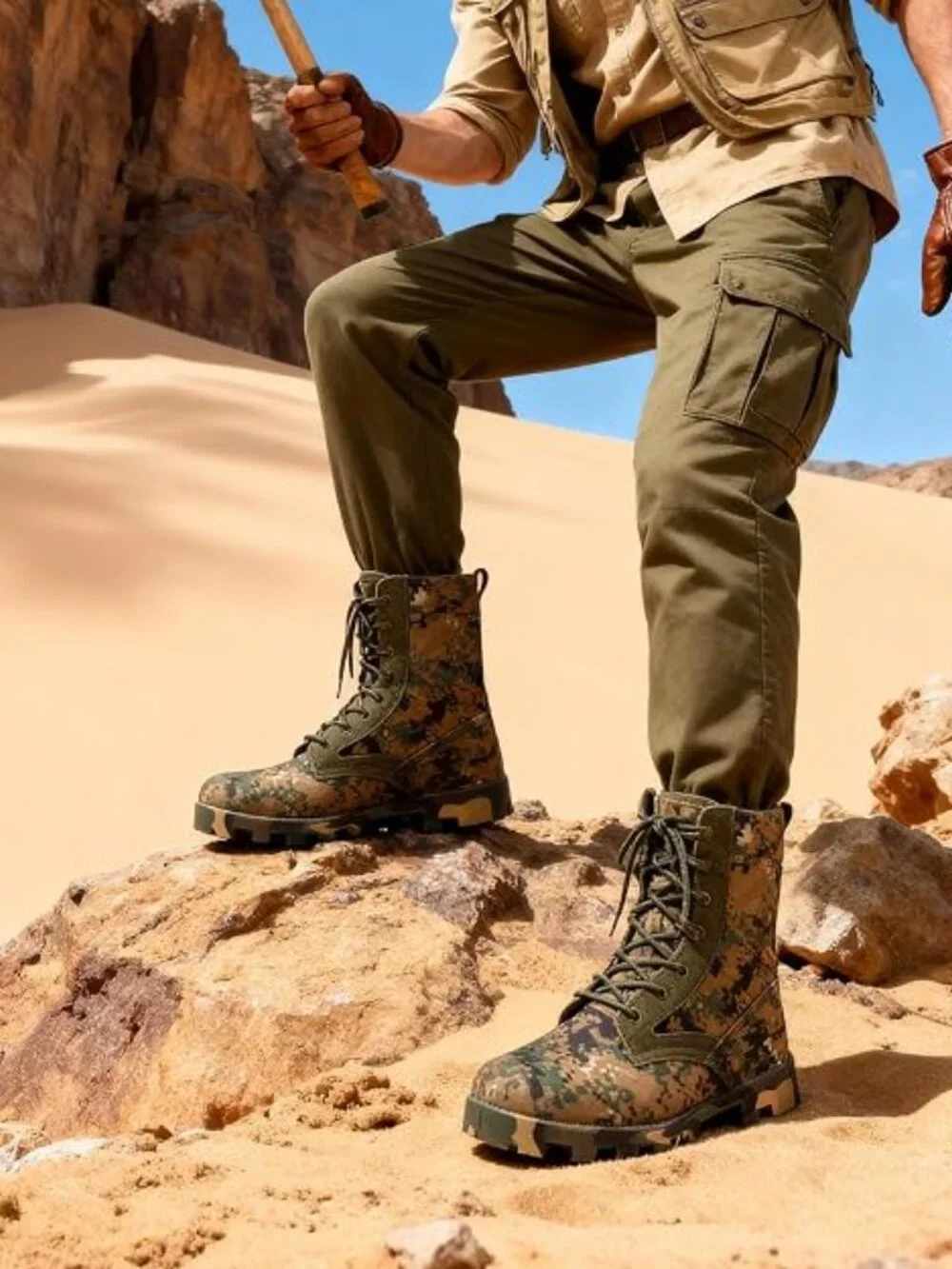 Military Tactical Boots for Work, Green Camo Lace-Up for Men